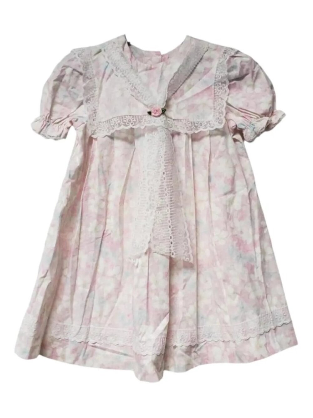 80s - 90s Evy lace trimmed pink floral dress . girls size 6 . made in USA